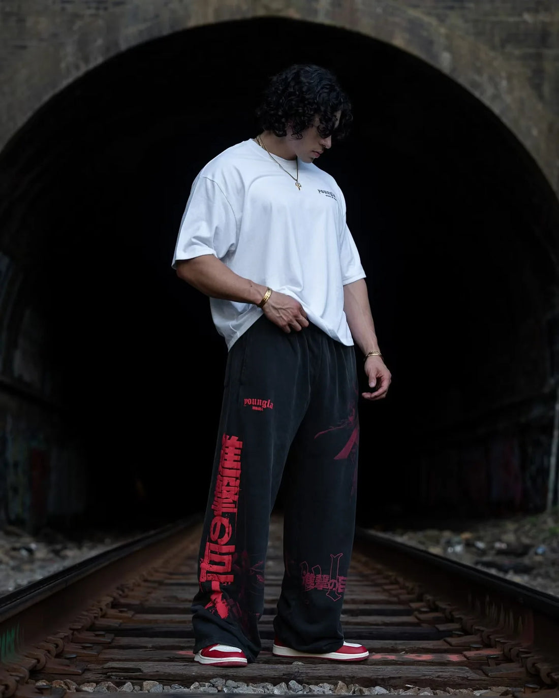 Young American trendy sweatpants collaboration anime joggers cotton terry print wide-leg casual pants hip-hop street pants