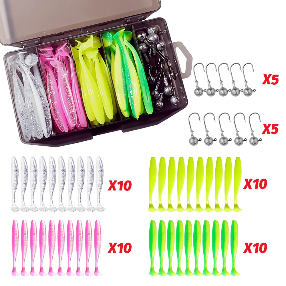 50PCS/Box Metal Jig Bait 5.5cm 7cm 10cm Soft Lure 3g 5g 7g 10g 14g Jigging Head Hook Fishing Box Pesca Swimbait Sinking Lure Kit