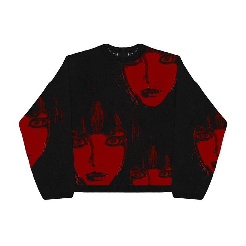 New Hip Hop Streetwear Knitted Sweater men Gothic portrait Print Pullover autumn Harajuku Cotton sweater women Oversized Sweater