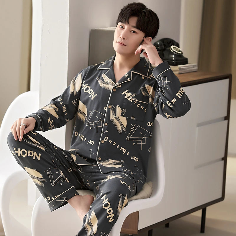 L-5XL Plus Size Faux Cotton Print Men's Pajamas Korean Ins Autumn Y2k Male Nightwear 2024 New Big Size Long Sleeve+pant Home Set