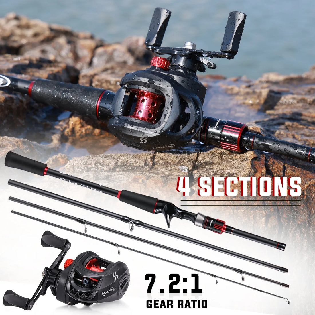 Sougayilang Fishing Rod Reel Combo 1.8~2.1m Carbon Fiber Casting Rod and 7.2:1 Gear Ratio Baitcasting Ree Max Drag 10kg for Bass