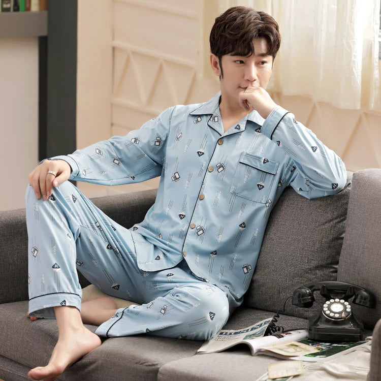 L-5XL Plus Size Faux Cotton Print Men's Pajamas Korean Ins Autumn Y2k Male Nightwear 2024 New Big Size Long Sleeve+pant Home Set