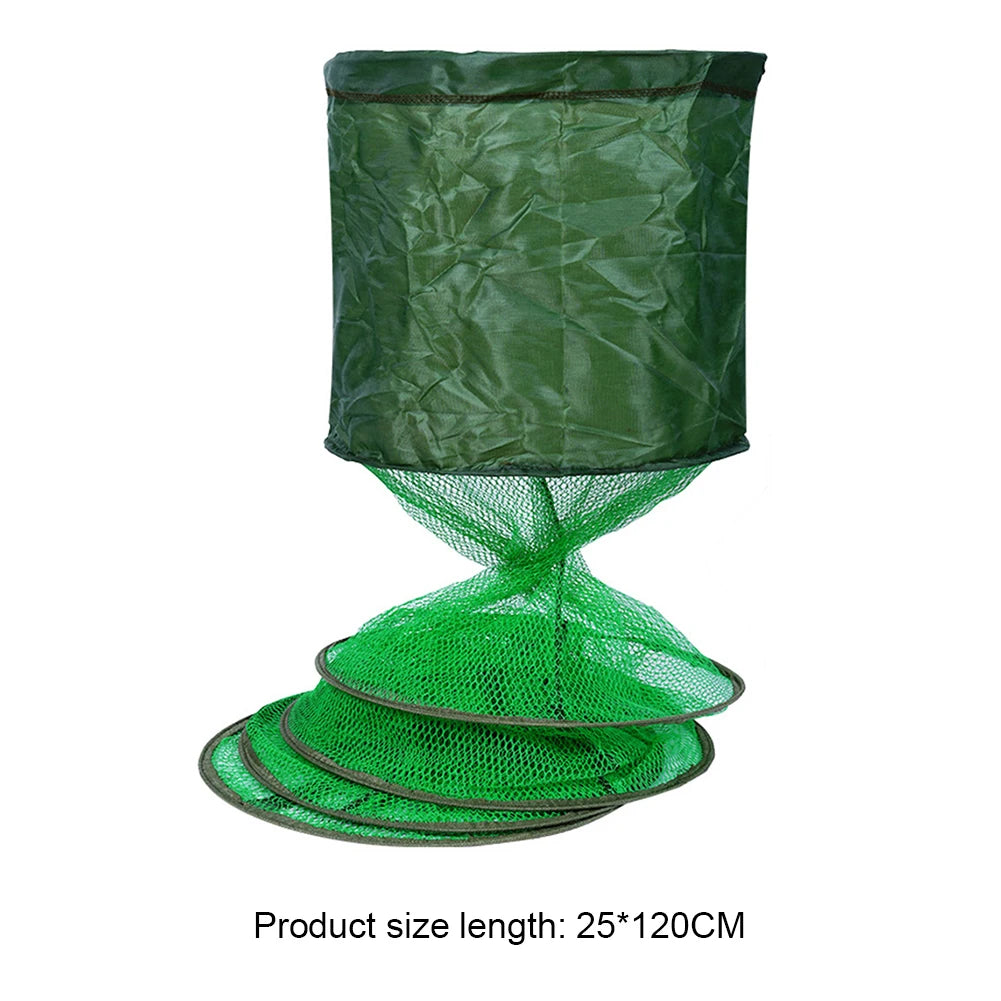 Portable Nylon Mesh Net Fish Storage Fishing Accessories Steel Ring Folding Fish Cage Fishing Trap Net Fish Basket Tackle