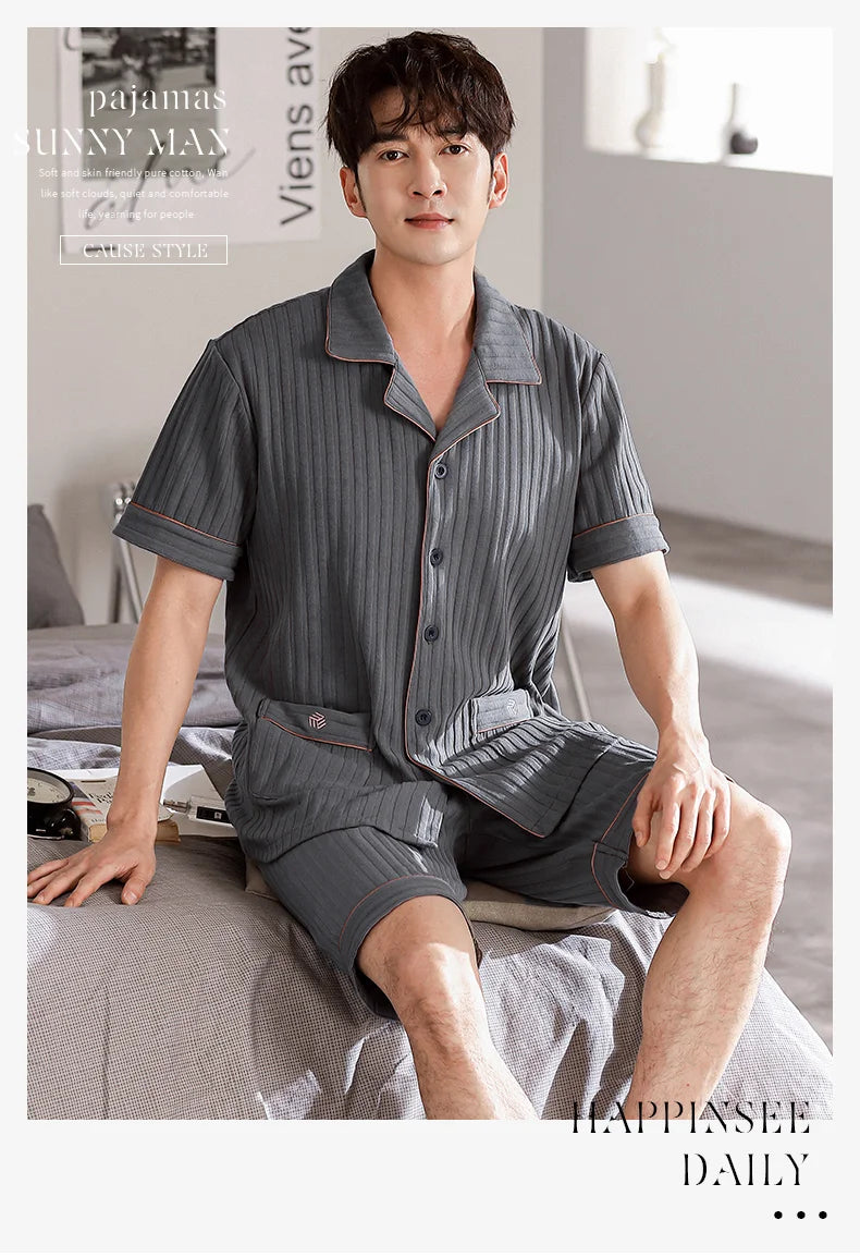 New Big Size 4XL Summer Shorts for Young Men Cotton Sleepwear Darkgray Pajamas Fashion Turn-down Collar Pijamas for Teenager