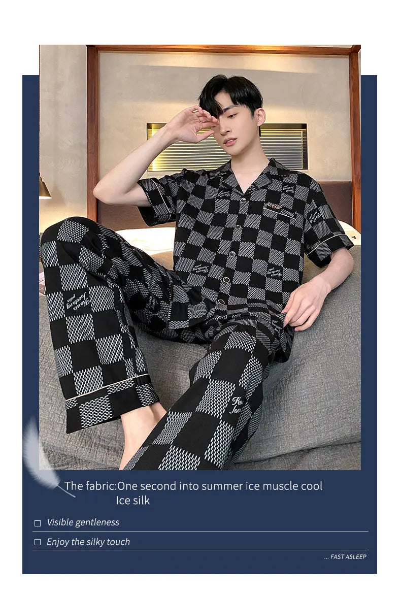 Summer Knitted Plaid Men's Pyjamas Plus 4XL Pajama Sets Casual Pjs Lounge Masculine Sleepwear Nightwear Pijamas Homewear Fashion