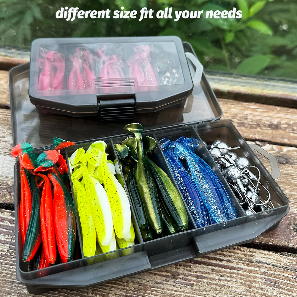 50PCS/Box Metal Jig Bait 5.5cm 7cm 10cm Soft Lure 3g 5g 7g 10g 14g Jigging Head Hook Fishing Box Pesca Swimbait Sinking Lure Kit