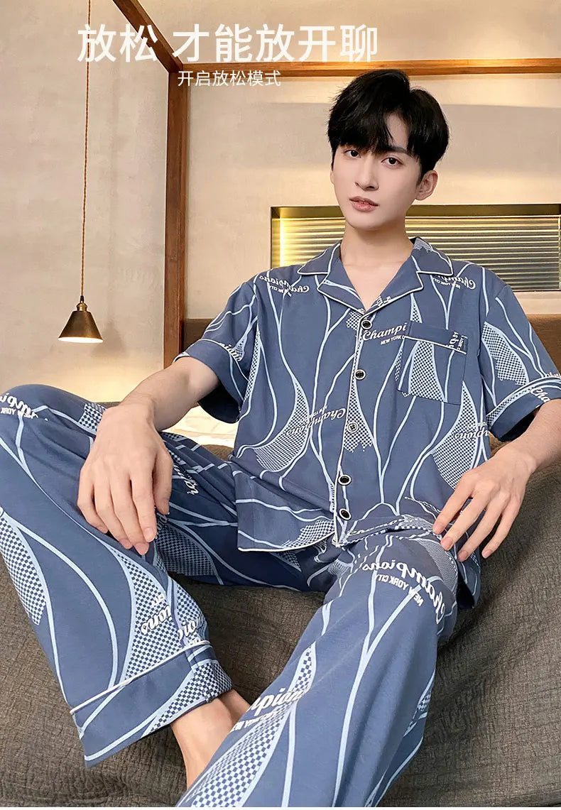 Summer Knitted Plaid Men's Pyjamas Plus 4XL Pajama Sets Casual Pjs Lounge Masculine Sleepwear Nightwear Pijamas Homewear Fashion