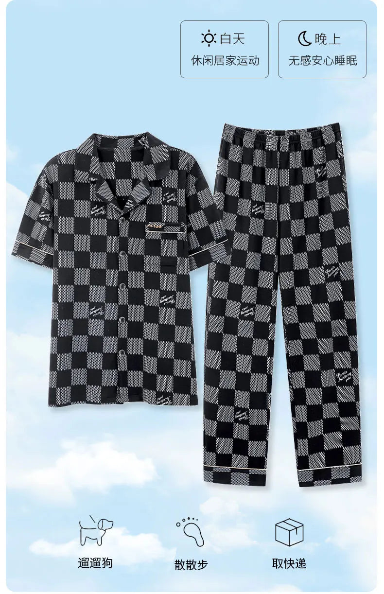 Summer Knitted Plaid Men's Pyjamas Plus 4XL Pajama Sets Casual Pjs Lounge Masculine Sleepwear Nightwear Pijamas Homewear Fashion