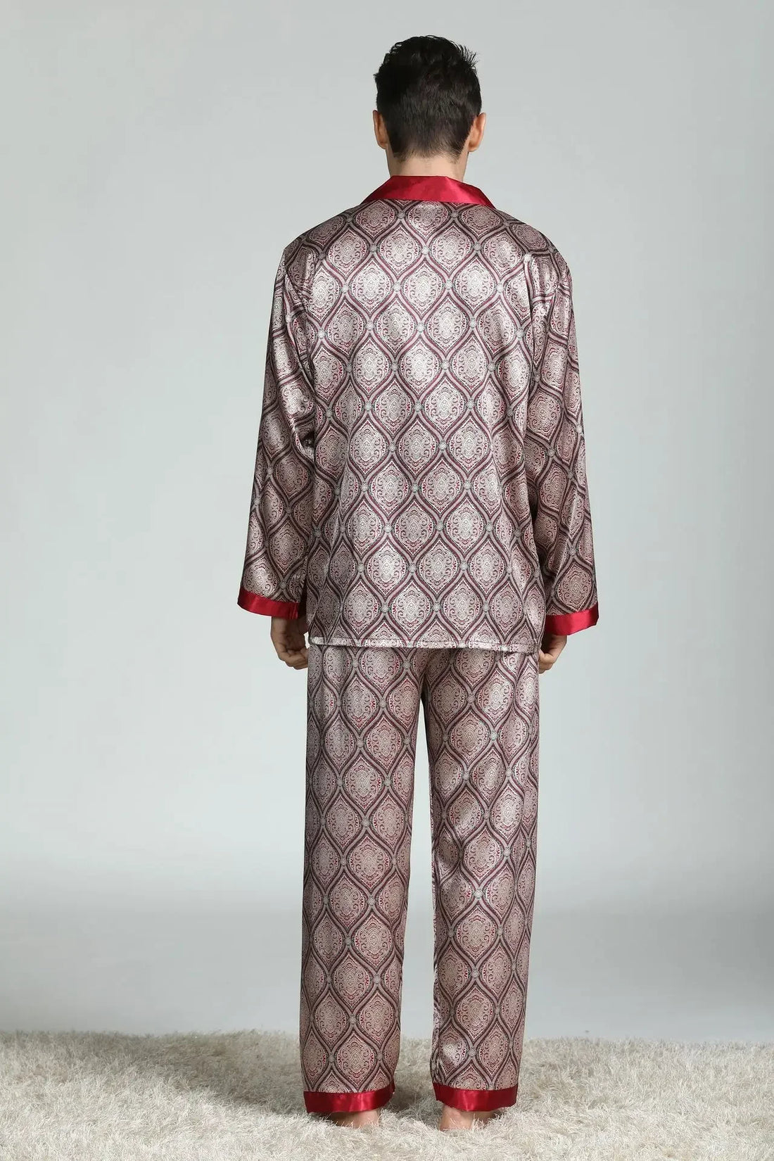 Silk Satin Pajamas for Men Sleepwear Cozy Soft Print Long Sleeve Nightgown Tops+ Trousers Two Pieces Mens Pajama Set