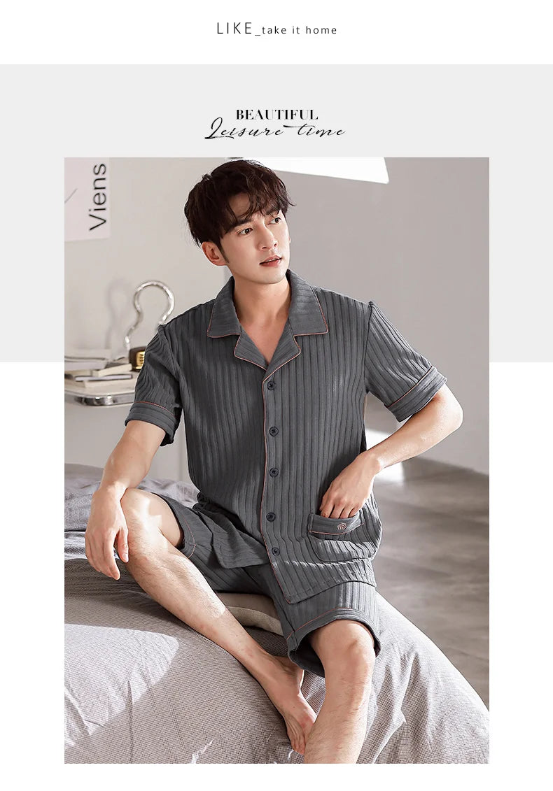 New Big Size 4XL Summer Shorts for Young Men Cotton Sleepwear Darkgray Pajamas Fashion Turn-down Collar Pijamas for Teenager