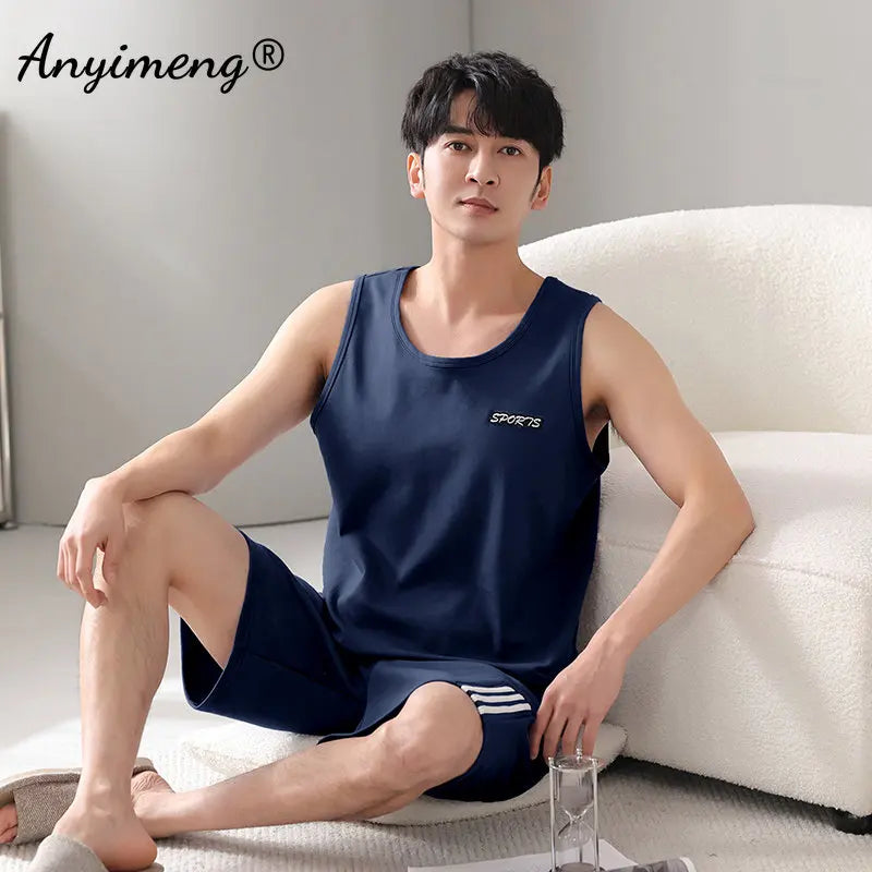 Plus Size 4XL 5XL 6XL 7XL Sleeveless Summer Pajamas Set Plain Men's Nightwear Knitted Cotton Homewear Vest Pijamas for Men