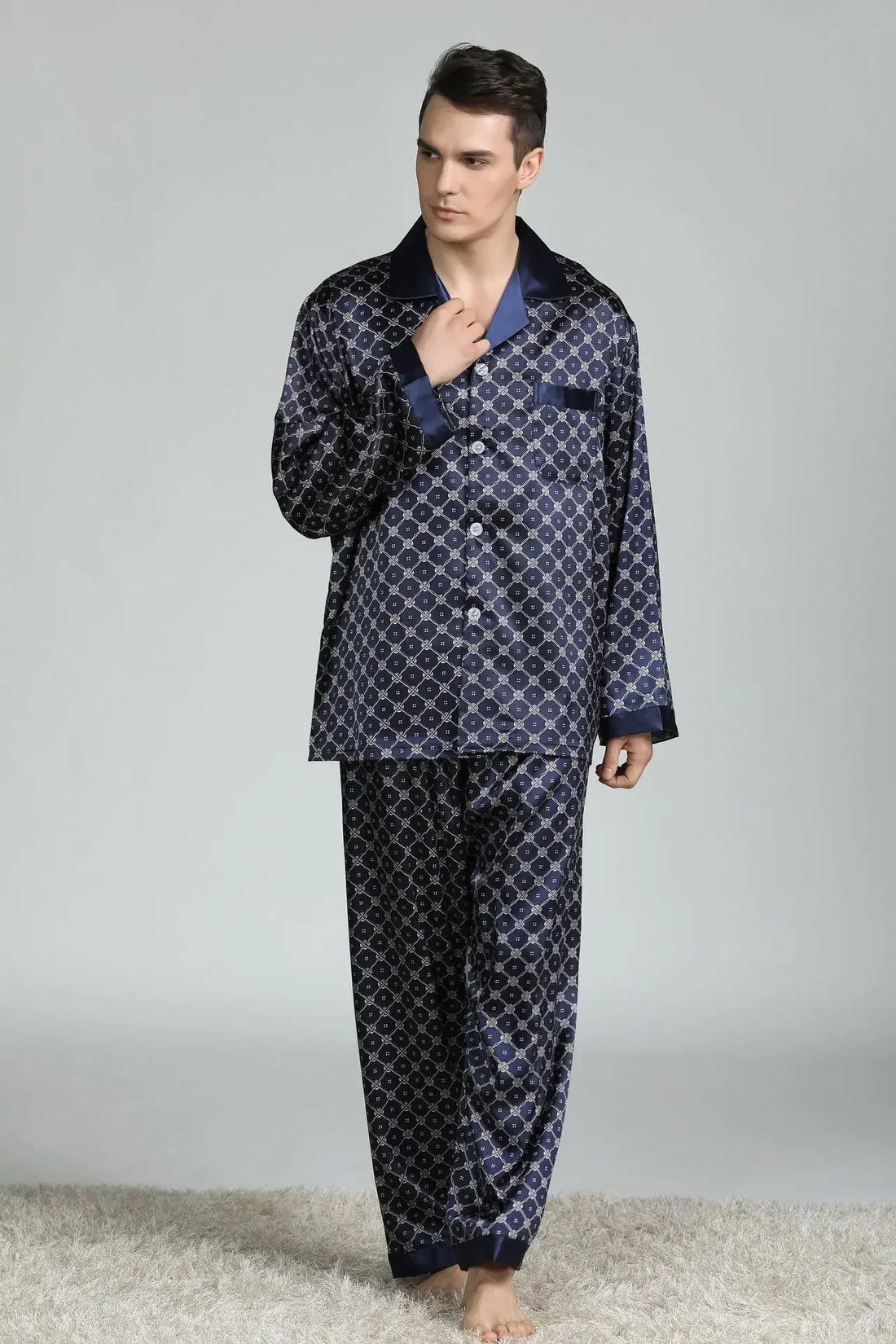 Silk Satin Pajamas for Men Sleepwear Cozy Soft Print Long Sleeve Nightgown Tops+ Trousers Two Pieces Mens Pajama Set