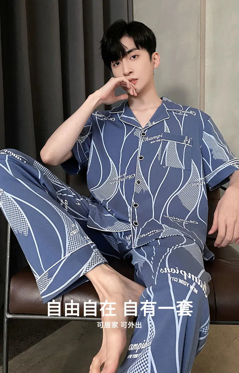 Summer Knitted Plaid Men's Pyjamas Plus 4XL Pajama Sets Casual Pjs Lounge Masculine Sleepwear Nightwear Pijamas Homewear Fashion