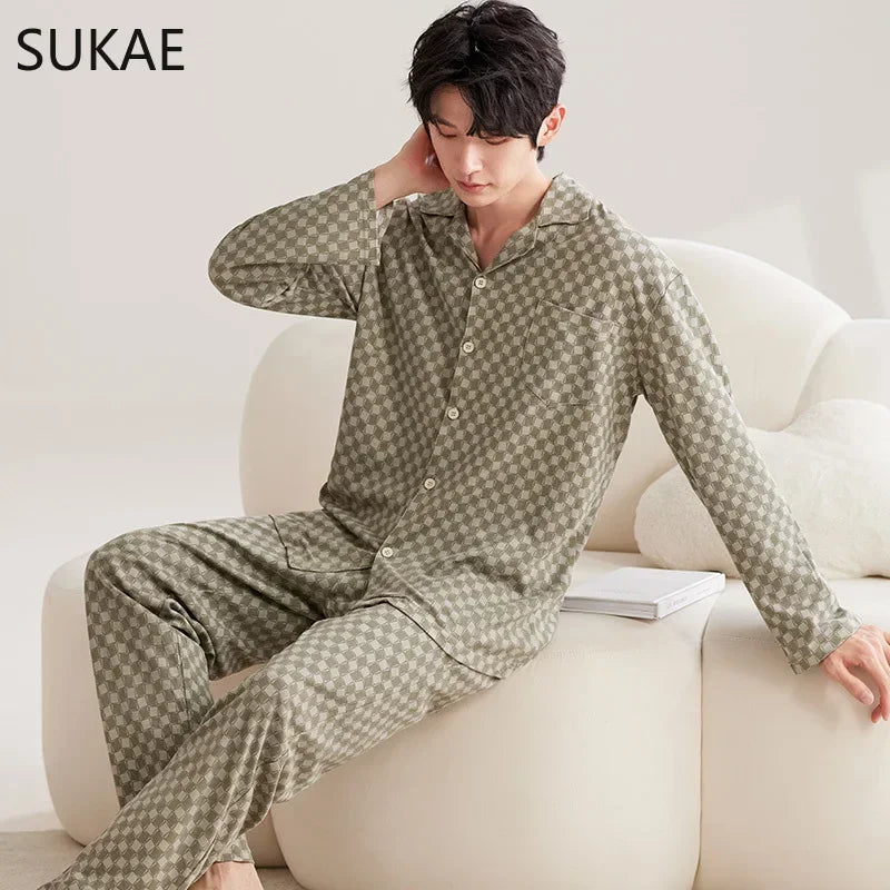 SUKAE Casual Mens Pijama Faux Cotton Soft Nightwear Autumn Spring Homesuit Gentleman Turn-down Collar Sleepwear Boys Pajamas