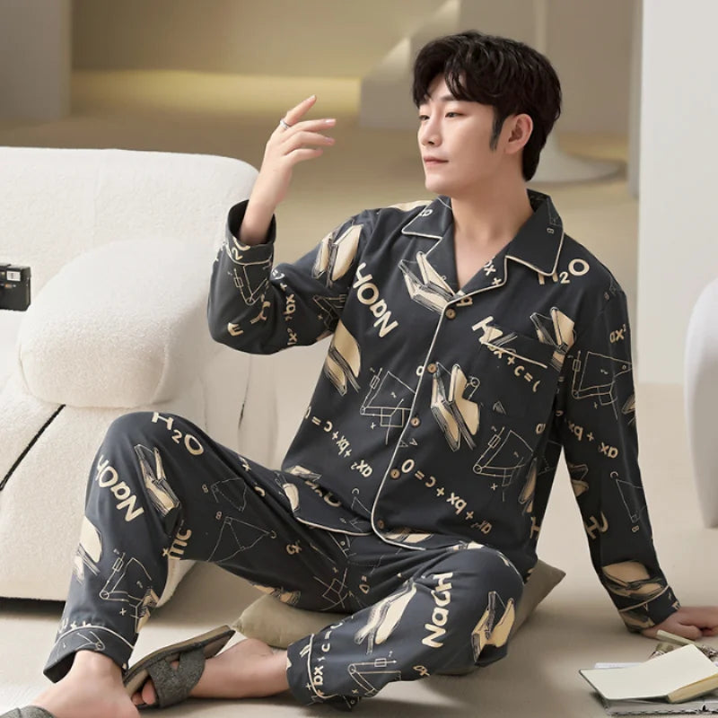 L-5XL Plus Size Faux Cotton Print Men's Pajamas Korean Ins Autumn Y2k Male Nightwear 2024 New Big Size Long Sleeve+pant Home Set