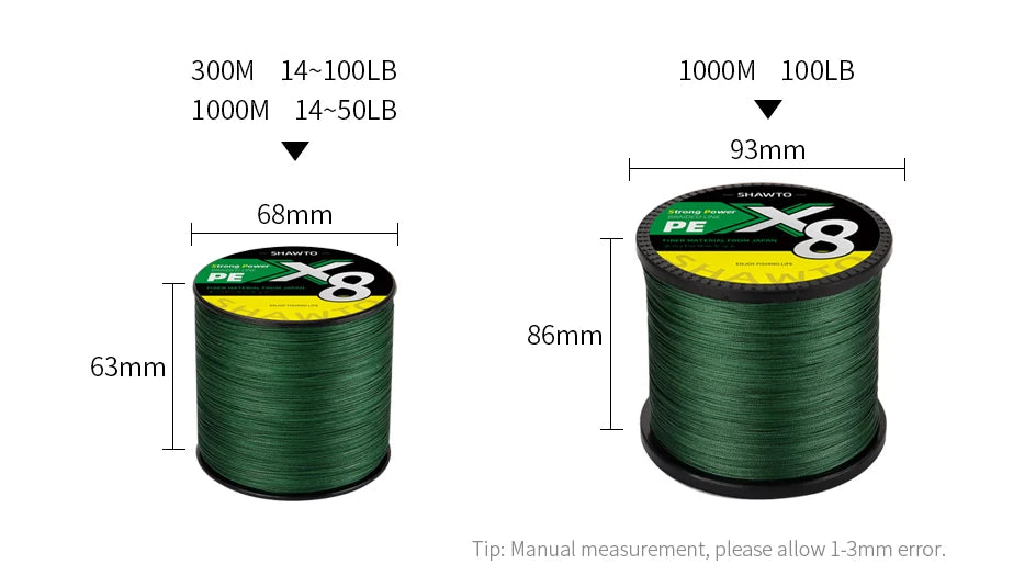 Shawto X8 Strong 300M 1000M 8 Strand Weaves PE Braided Fishing Line Multifilament Japan Wire 14-100LB Carp Fishing Accessories