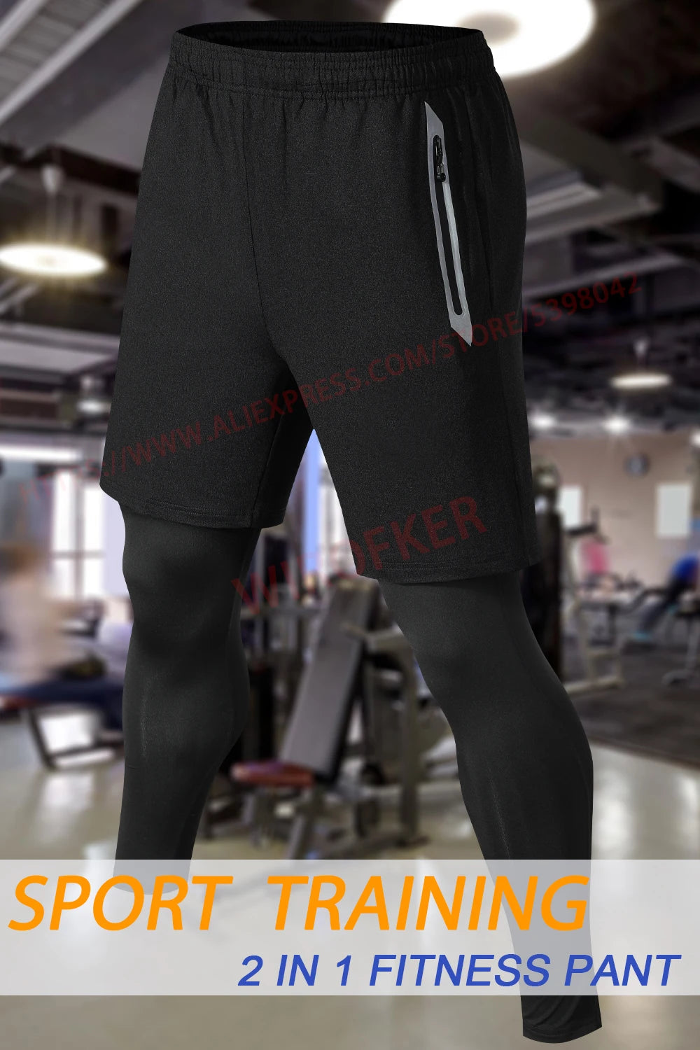 Men Sports Trouser 2 In 1 Compression Training Legging Breathable Joggers Zip Pockets Running Double Deck Fitness Gym Pants