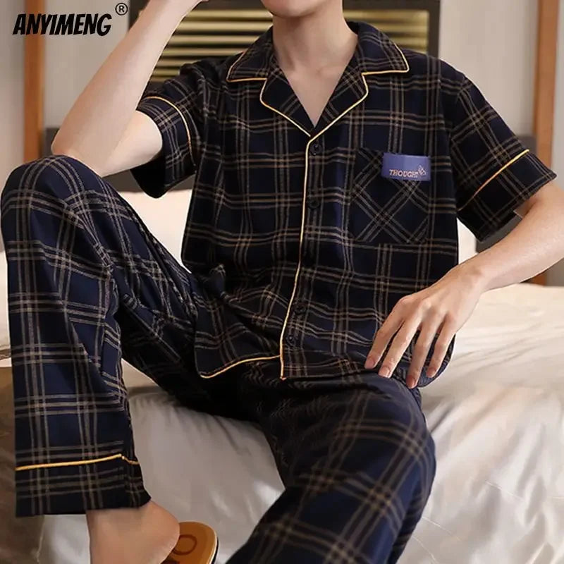 L-5XL Plus Size Luxury Mens Sleepwear Summer Short Sleeves Turn-down Collar Pajamas Set Gentleman Homewear Casual Cotton Pijamas