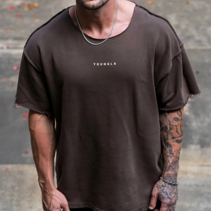 Fashion Casual Mens Clothing Men's Oversized T-shirt Ragged Short Sleeve Cotton Round Neck Printed T-shirt Gym Training Clothing