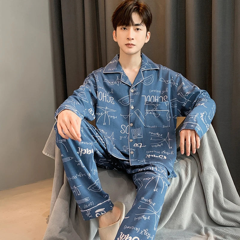 L-5XL Plus Size Faux Cotton Print Men's Pajamas Korean Ins Autumn Y2k Male Nightwear 2024 New Big Size Long Sleeve+pant Home Set