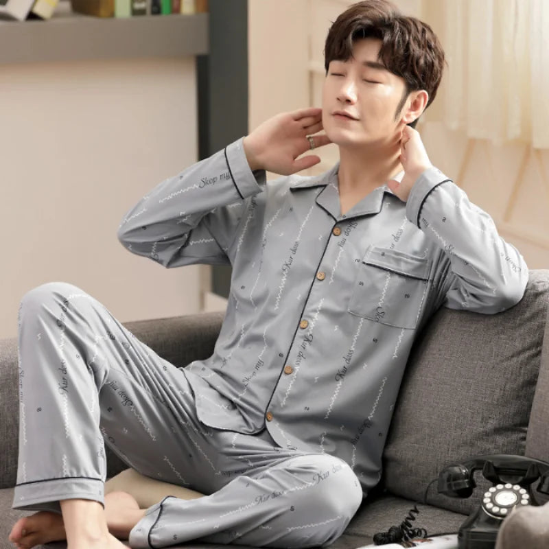 L-5XL Plus Size Faux Cotton Print Men's Pajamas Korean Ins Autumn Y2k Male Nightwear 2024 New Big Size Long Sleeve+pant Home Set