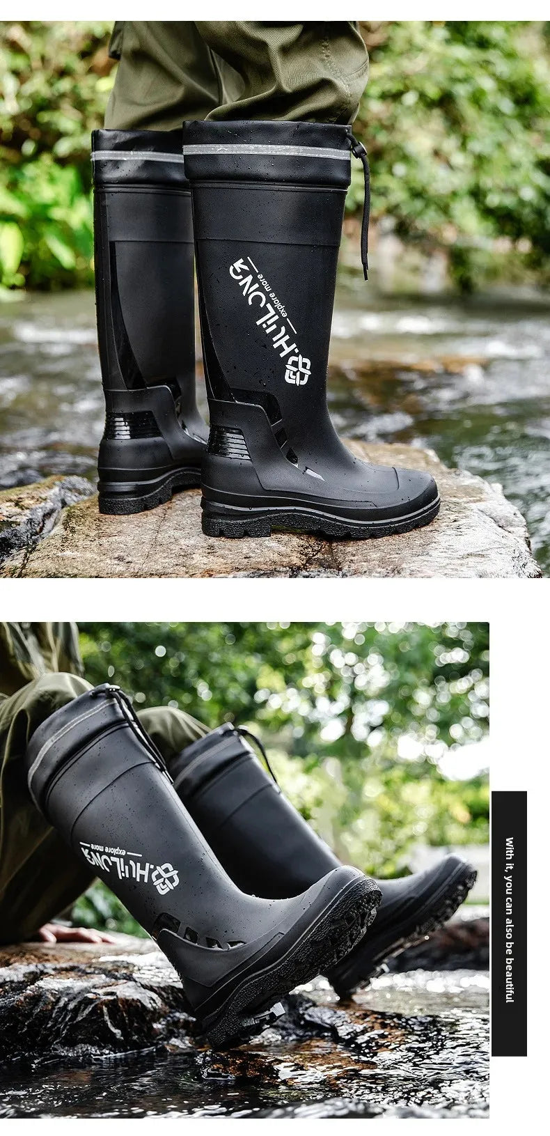 Men's Fashionable InsTrendy Waterproof Non-slip High Top Rain Boots With Thick Sole And Wear-Resistant Rubber Shoes For Fishing