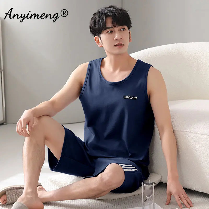 Plus Size 4XL 5XL 6XL 7XL Sleeveless Summer Pajamas Set Plain Men's Nightwear Knitted Cotton Homewear Vest Pijamas for Men