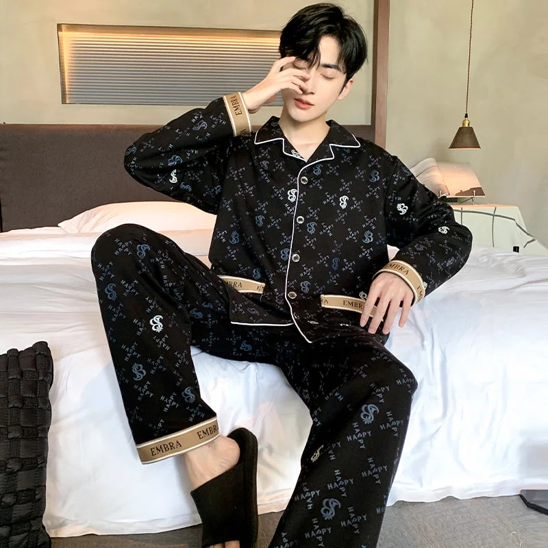 Black Luxurious Men Pajamas Set Autumn Winter Long Sleeves Long Pants Casual Sleepwear Soft Pyjamas Cozy Pijamas Adult Pjs Sleep