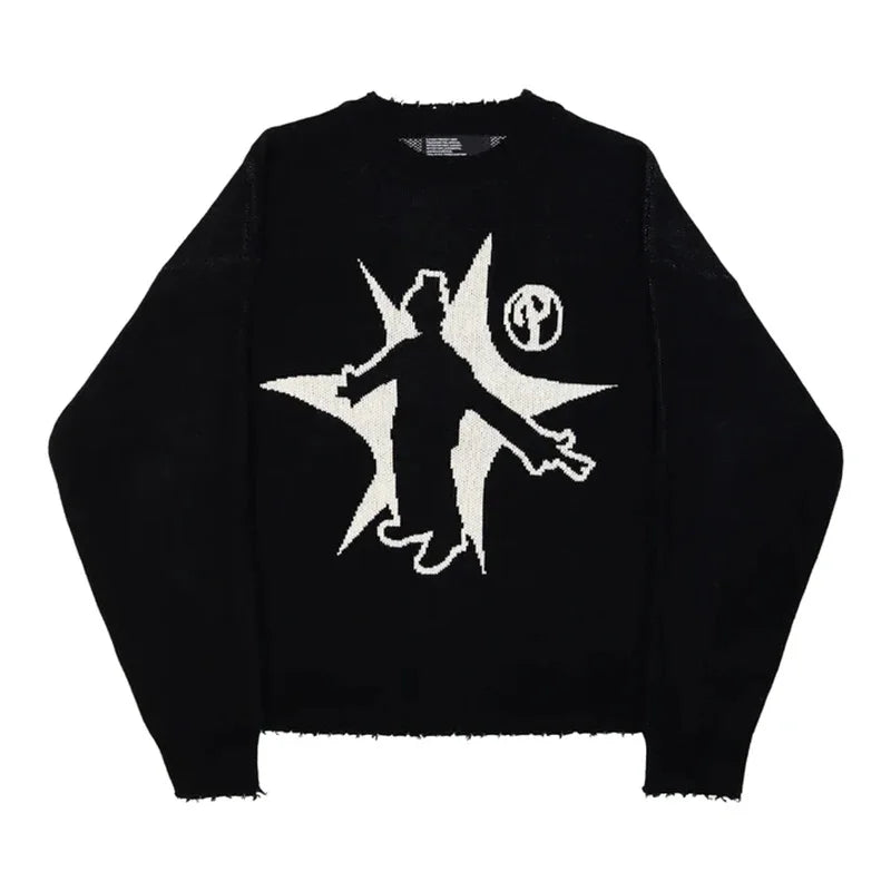 Bow Harajuku Graphic Print Y2k Knitted sweater Hiphop Vintage Long sleeve Top Fashion Punk Streetwear Grunge Goth Knitt Pullover