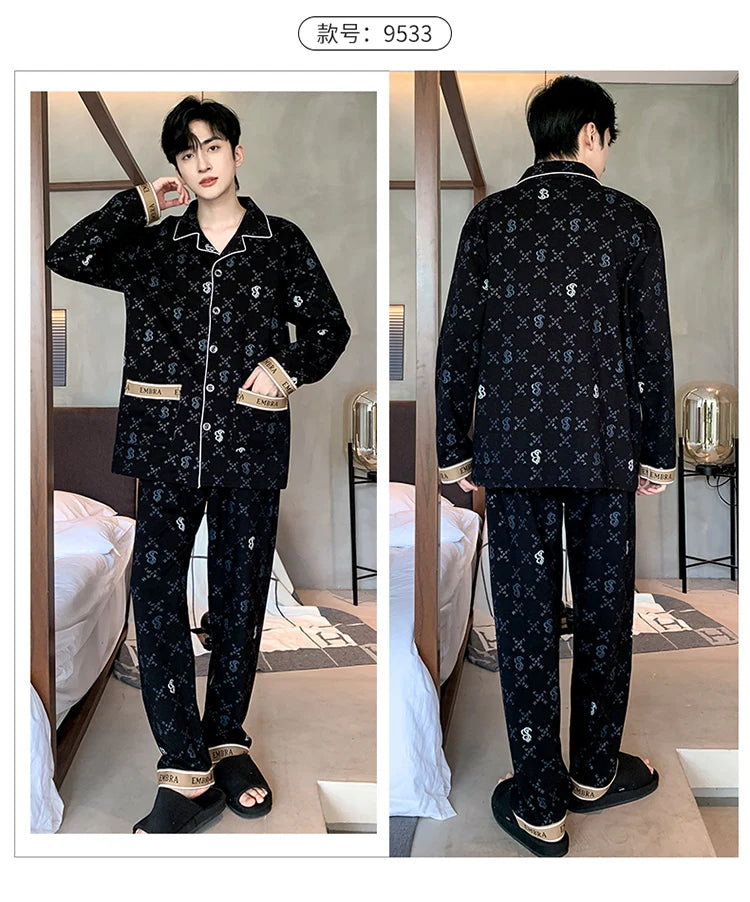 Black Luxurious Men Pajamas Set Autumn Winter Long Sleeves Long Pants Casual Sleepwear Soft Pyjamas Cozy Pijamas Adult Pjs Sleep