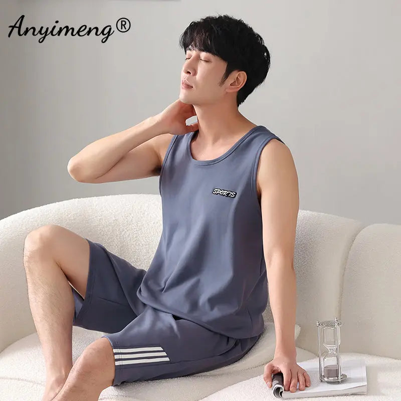 Plus Size 4XL 5XL 6XL 7XL Sleeveless Summer Pajamas Set Plain Men's Nightwear Knitted Cotton Homewear Vest Pijamas for Men