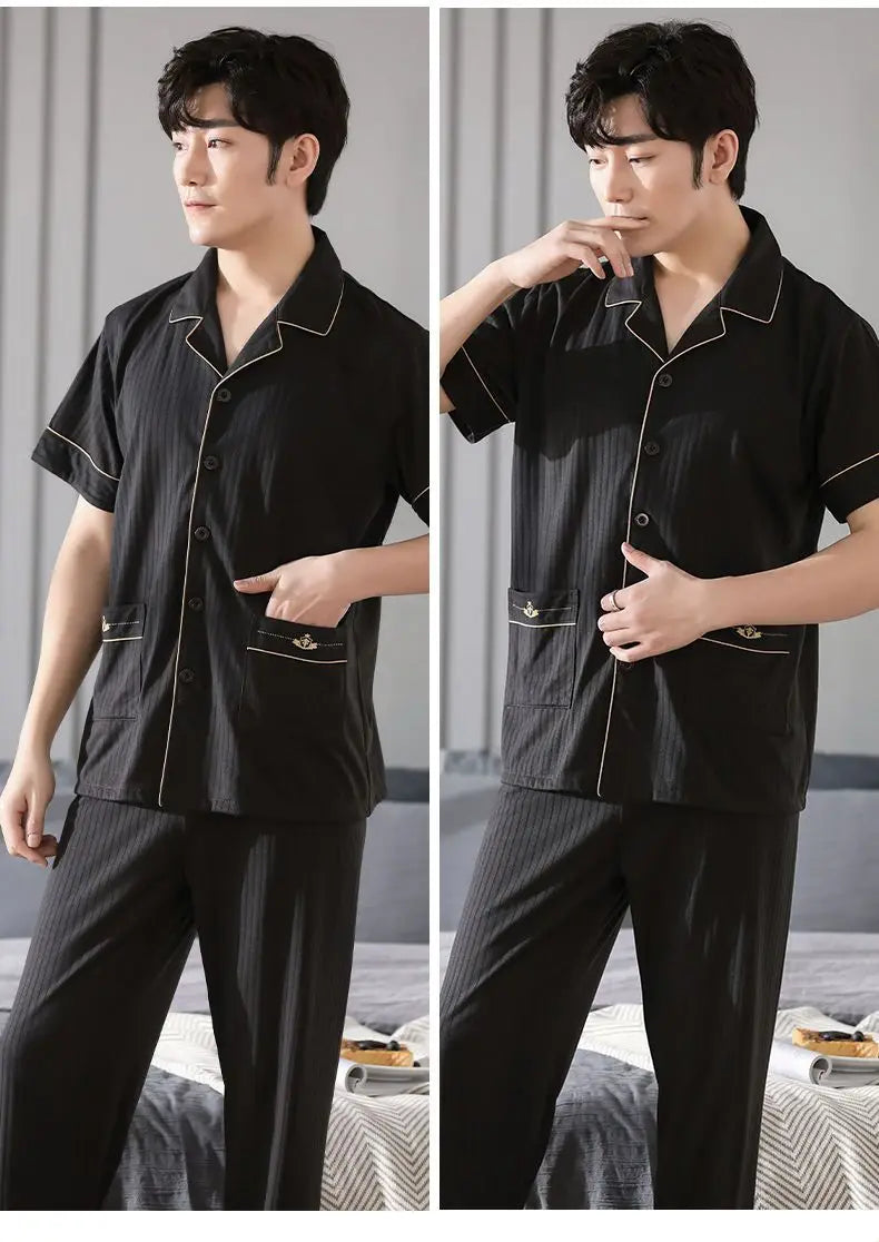 Big Size Cotton Sleepwear Men Short Sleeve Cardigan Trouser Pajama Sets Button Homewear Loungewear Sets Loose Korean Sportswear