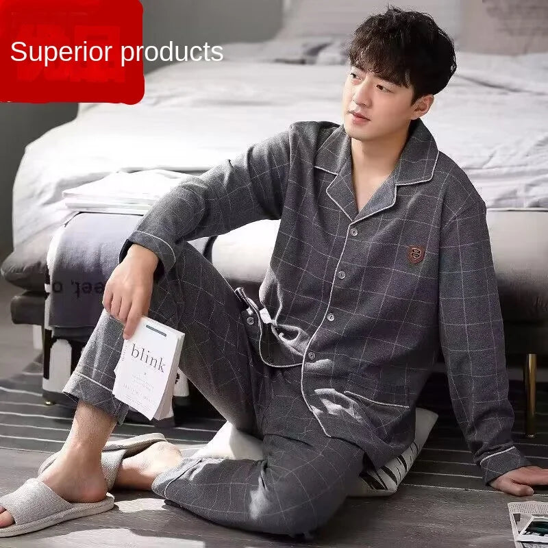 100% Cotton Men's Fall and Winter Long-Sleeved Long Pants Middle-Aged Thin Section of Pajamas Sleepwear Homewear Suit Loungewear