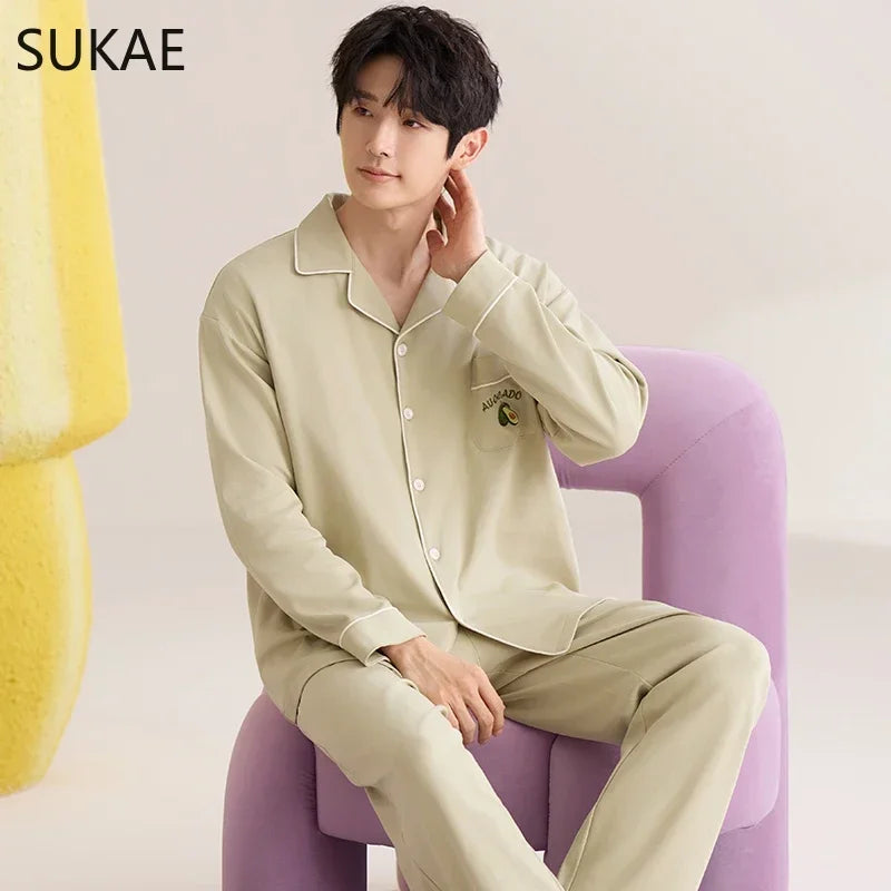 SUKAE Casual Mens Pijama Faux Cotton Soft Nightwear Autumn Spring Homesuit Gentleman Turn-down Collar Sleepwear Boys Pajamas