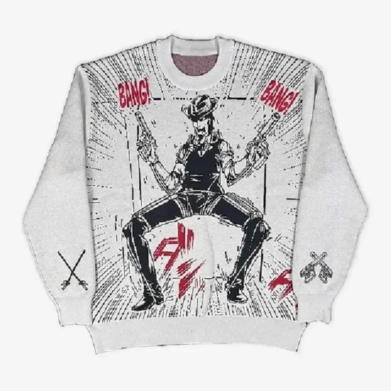 New Hip Hop Gothic Dark Anime Print Streetwear Knitted Sweater Men  Pullover Autumn Harajuku Sweater Women Oversized Sweate