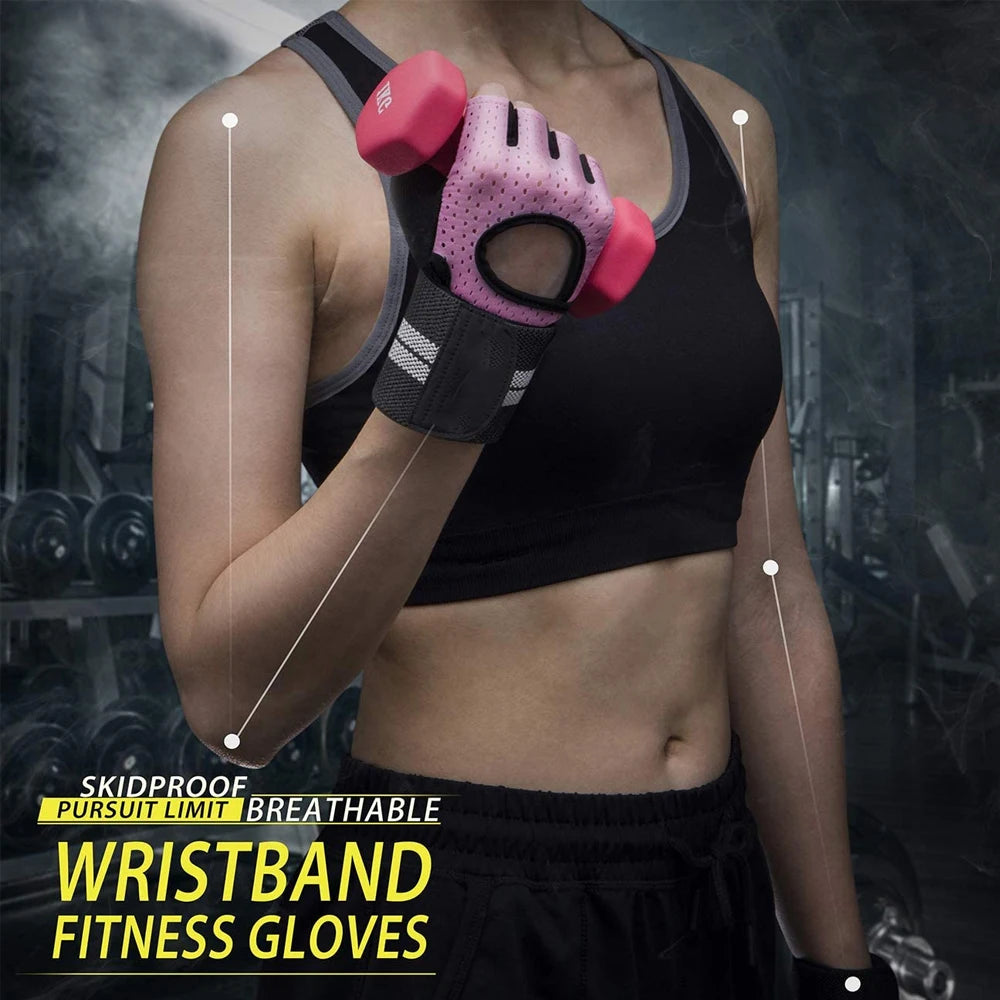 1Pair Half Finger Gym Fitness Gloves with Wrist Wrap Support for Men Women Crossfit Workout Power Weight Lifting Equipment