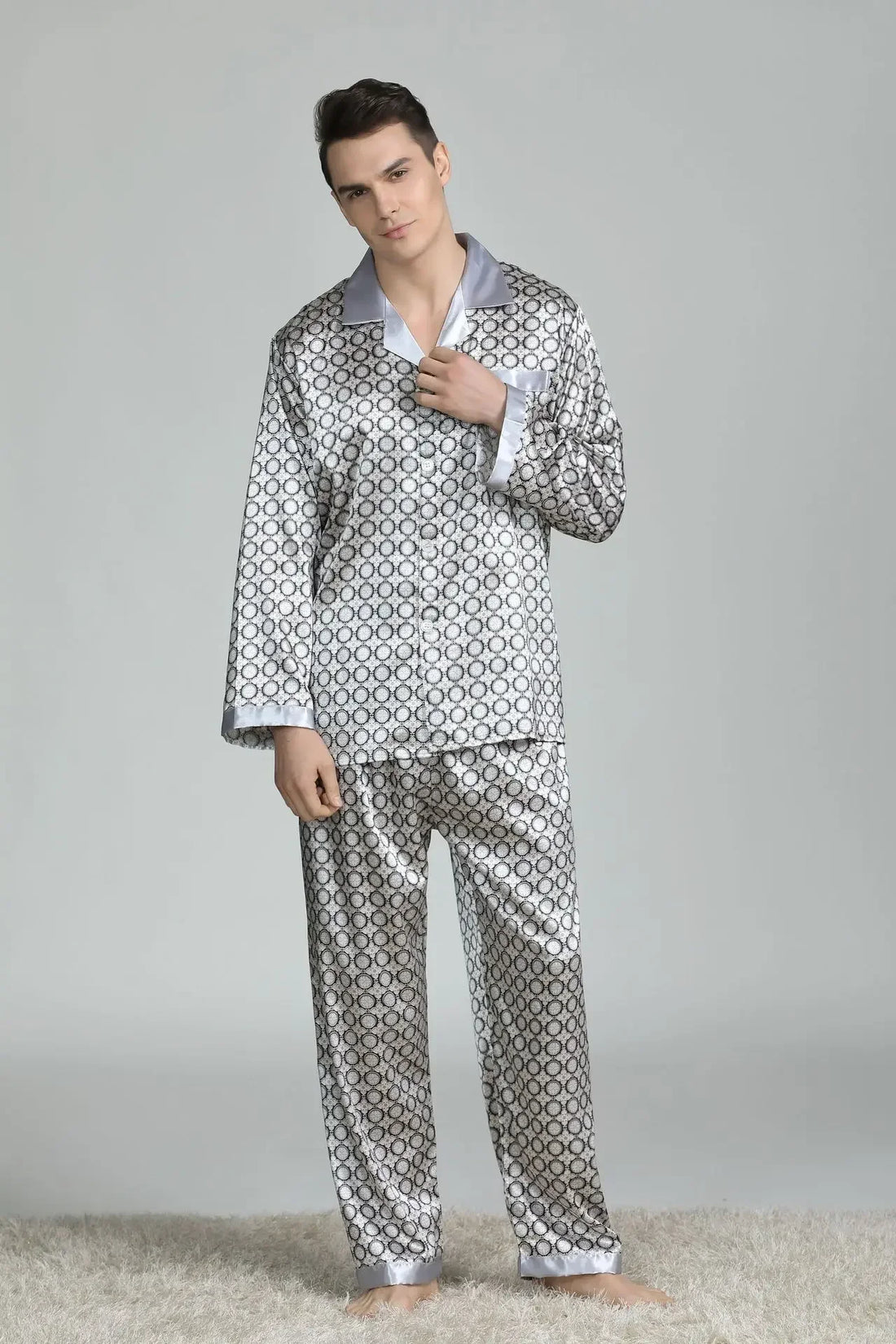 Silk Satin Pajamas for Men Sleepwear Cozy Soft Print Long Sleeve Nightgown Tops+ Trousers Two Pieces Mens Pajama Set