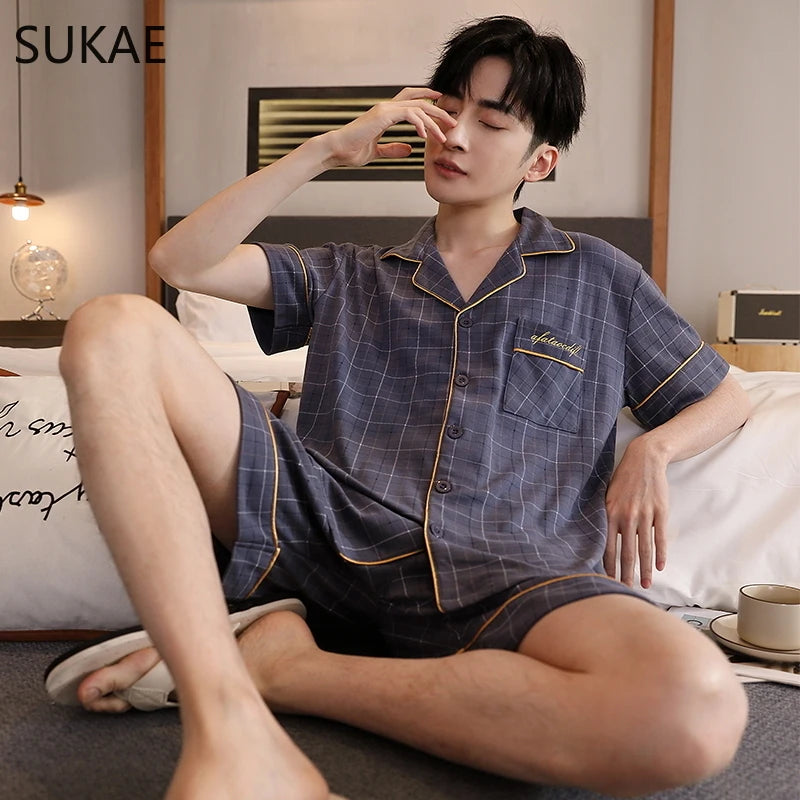 SUKAE Plaid Pyjamas Men Cardigan Lapeled Gentleman's Home Wear Summer Shorts Cotton Lounge Wear Plus Size L-5XL Pyjama Sleepwear