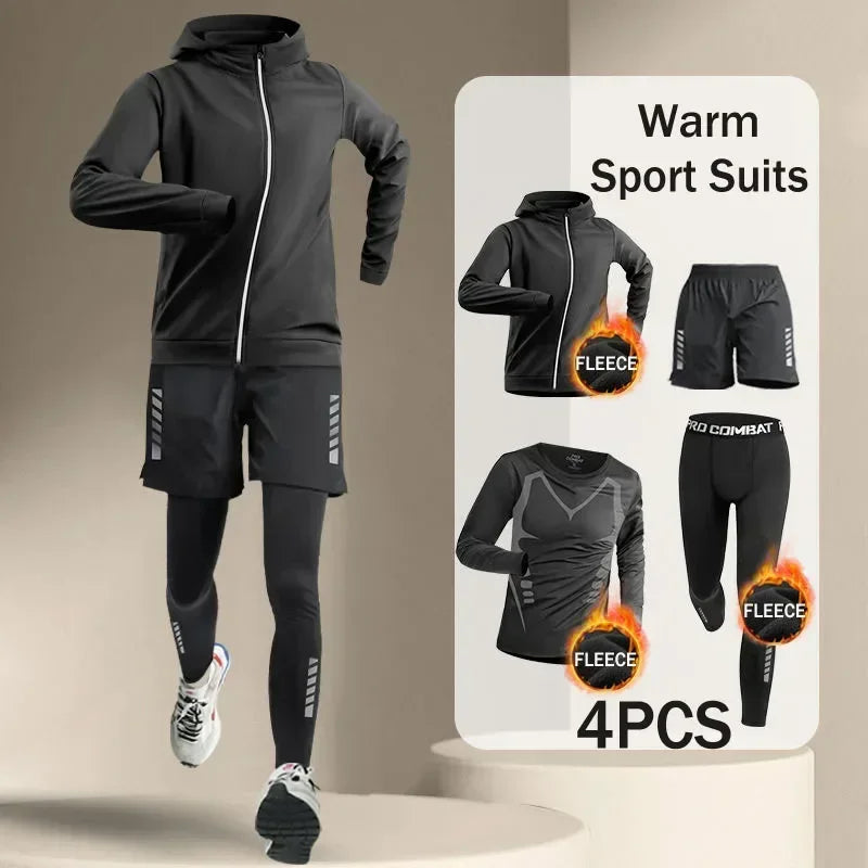 Korean Warm Sports Suit Men 2-4 PCS Running Set Jogging Basketball Underwear Tights Sportswear Gym Fitness Tracksuit Clothes