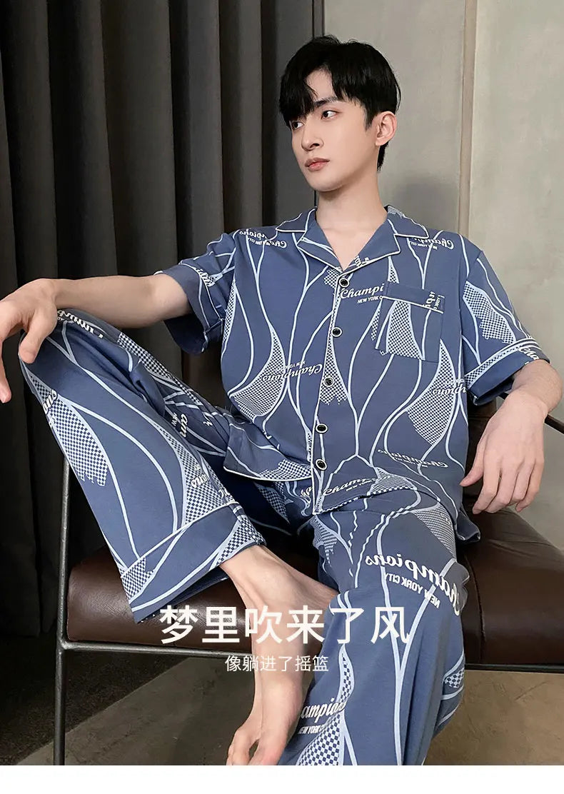 Summer Knitted Plaid Men's Pyjamas Plus 4XL Pajama Sets Casual Pjs Lounge Masculine Sleepwear Nightwear Pijamas Homewear Fashion