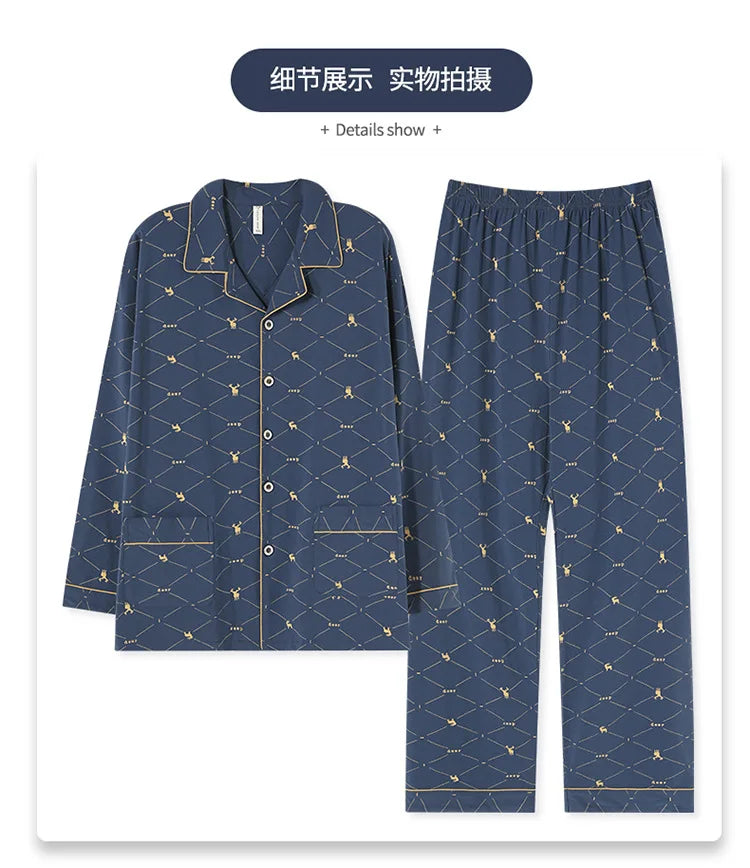 2023 Cotton Men's Cardigan Sleepwear Autumn Spring Long Sleeves Nightwear 2 Pieces Pajamas Set Male Plus Size 4XL 5XL Homewear