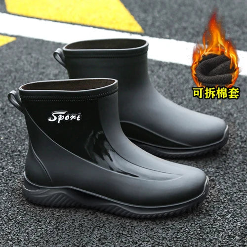 New rain boots for men non-slip wear-resistant take-out riding rubber shoes fishing mid-tube plus velvet winter waterproof shoes