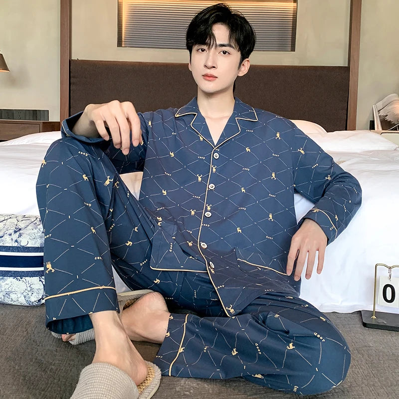 Black Luxurious Men Pajamas Set Autumn Winter Long Sleeves Long Pants Casual Sleepwear Soft Pyjamas Cozy Pijamas Adult Pjs Sleep