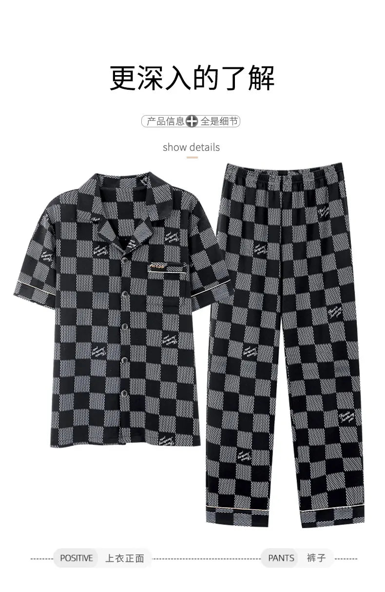 Summer Knitted Plaid Men's Pyjamas Plus 4XL Pajama Sets Casual Pjs Lounge Masculine Sleepwear Nightwear Pijamas Homewear Fashion