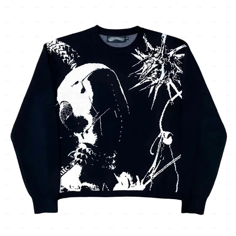 New Hip Hop Streetwear Knitted Sweater men Gothic portrait Print Pullover autumn Harajuku Cotton sweater women Oversized Sweater