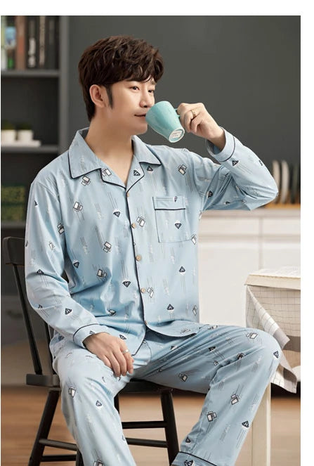 L-5XL Plus Size Faux Cotton Print Men's Pajamas Korean Ins Autumn Y2k Male Nightwear 2024 New Big Size Long Sleeve+pant Home Set