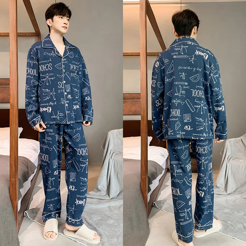 L-5XL Plus Size Faux Cotton Print Men's Pajamas Korean Ins Autumn Y2k Male Nightwear 2024 New Big Size Long Sleeve+pant Home Set