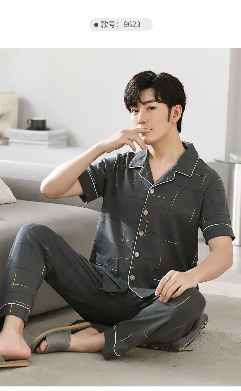 Big Size Cotton Sleepwear Men Short Sleeve Cardigan Trouser Pajama Sets Button Homewear Loungewear Sets Loose Korean Sportswear