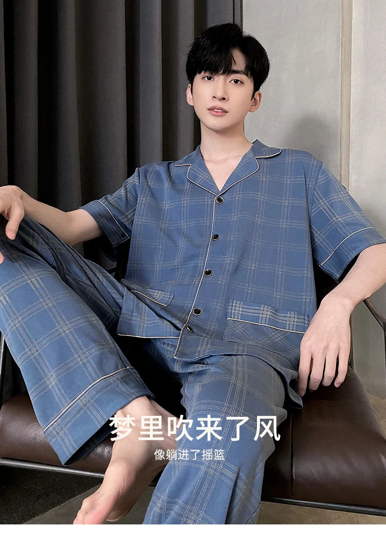 Summer Knitted Plaid Men's Pyjamas Plus 4XL Pajama Sets Casual Pjs Lounge Masculine Sleepwear Nightwear Pijamas Homewear Fashion