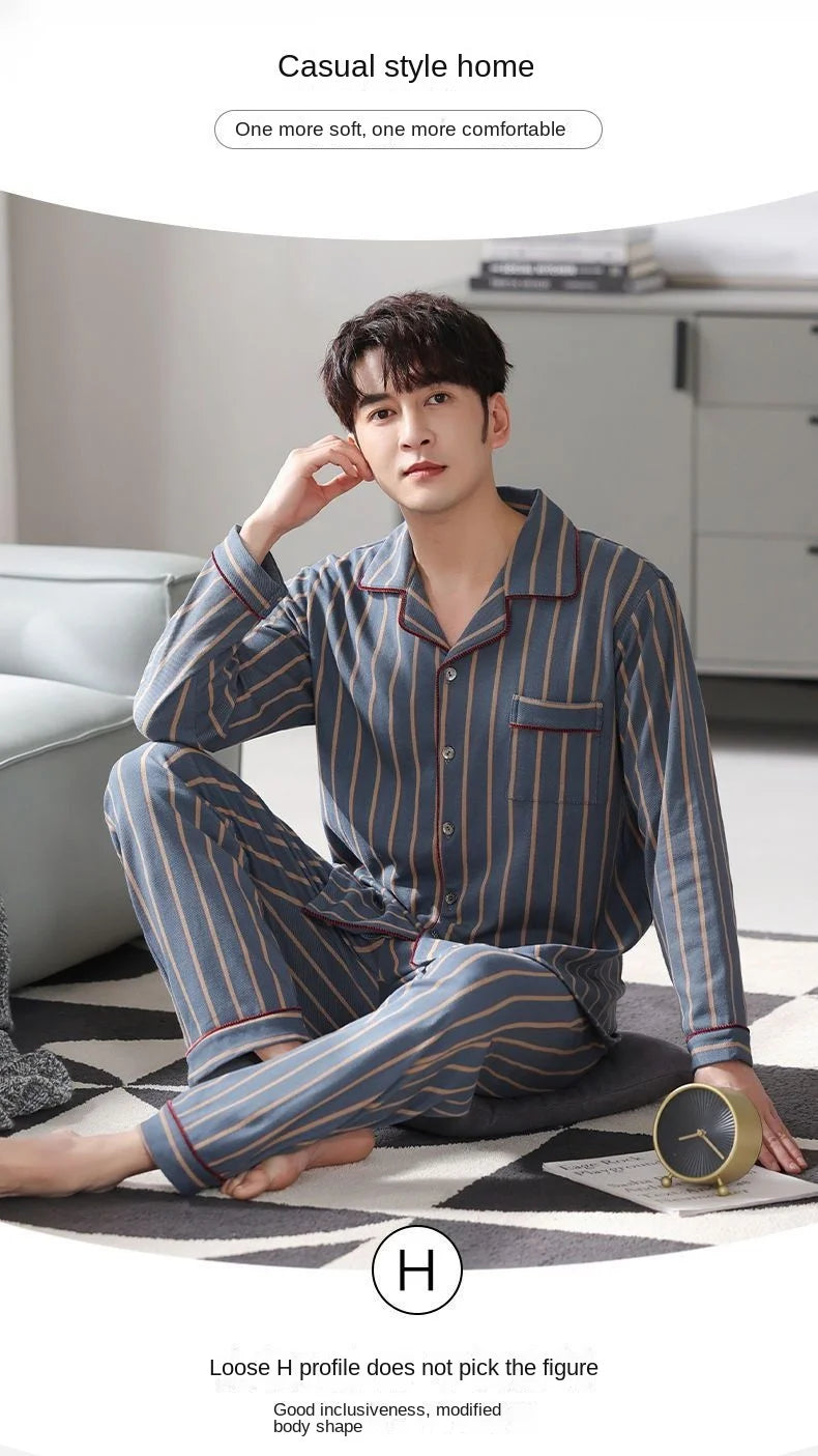 100% Cotton Men's Fall and Winter Long-Sleeved Long Pants Middle-Aged Thin Section of Pajamas Sleepwear Homewear Suit Loungewear